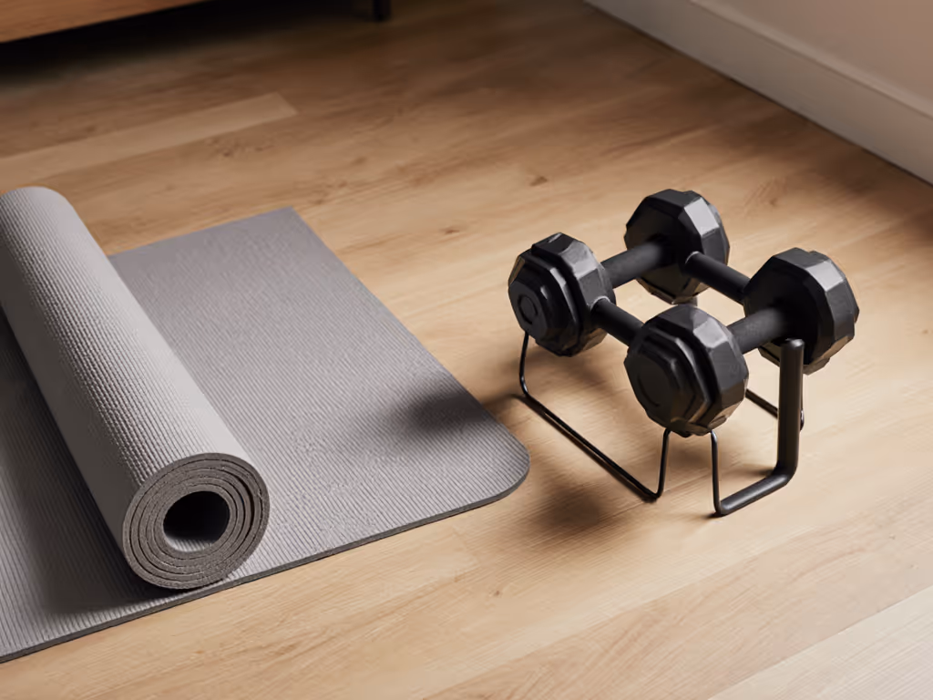 quiet_dumbbell_yoga_flow_setup_with_mat_and_compact_dumbbell_stand