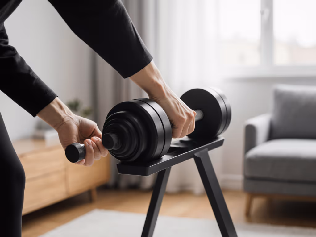 person_re-racking_adjustable_dumbbells_carefully_onto_a_cradle_in_a_small_apartment